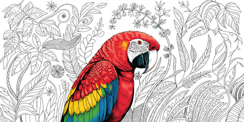 Vibrant scarlet macaw parrot vector illustration, colorful tropical bird in black and white jungle foliage, exotic wildlife coloring book style art © Jihadul