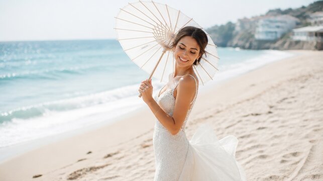 Bride parasol photos with bride holding lace umbrella by blue ocean and white sand