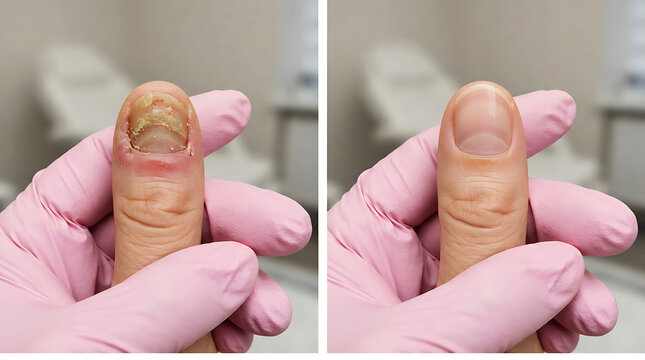 Thumbnail of a fungal infection on a thumb before and after treatment