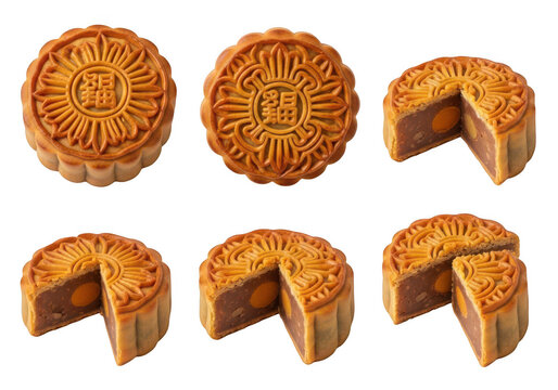 A collection of six mooncakes in various states including whole and sliced with salted egg yolk filling isolated on a black background