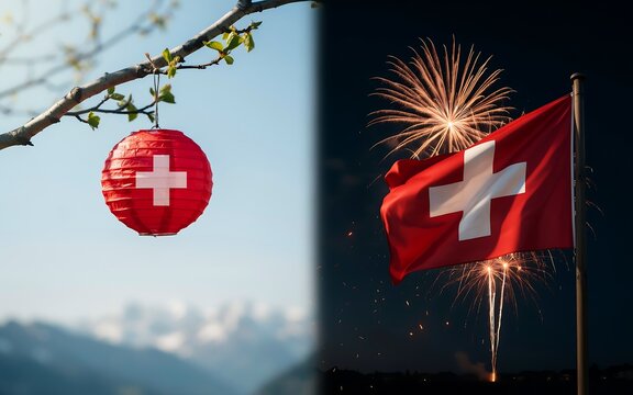 Swiss national day celebration with flag, lantern and fireworks