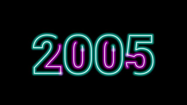 Glowing neon sign number 2005 year typography display text graphic on black background loop for retro video intro title animation