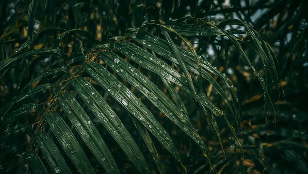 Dark Green Palm Leaf with Water Droplets in Natural Setting