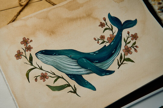 Beautiful whale painted in a sketchbook