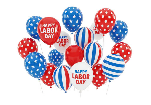 A cluster of balloons decorated with stars, stripes, and polka dots in red, white, and blue for labor day png isolated on a white background