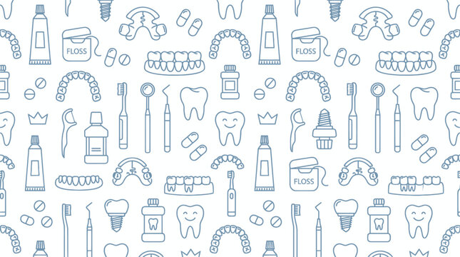 Seamless pattern of dental care icons including toothbrushes and teeth.