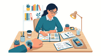 Fototapeta premium Illustration of a woman sitting at a desk with papers and office supplies, collaborating with a colleague's hand, in a modern workspace with a minimalist aesthetic and a calming color