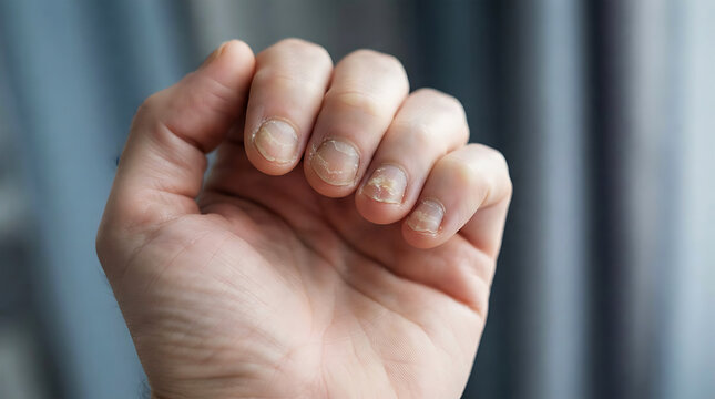 Close-up of hand with damaged fingernails, peeling cuticles