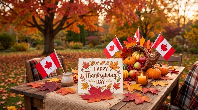 Happy thanksgiving day table with pumpkins and canadian flags