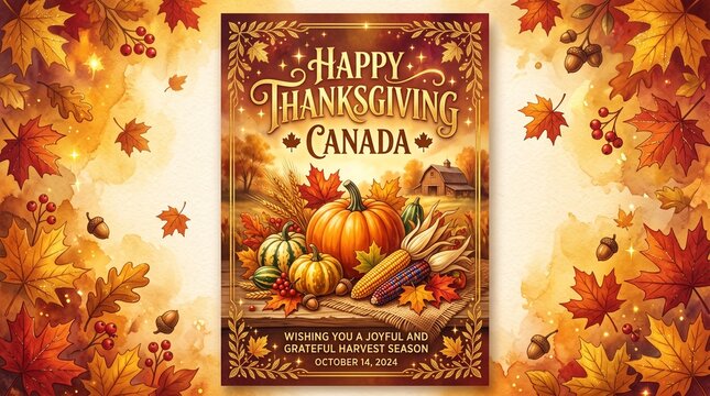 Happy thanksgiving canada greeting card with autumn harvest food