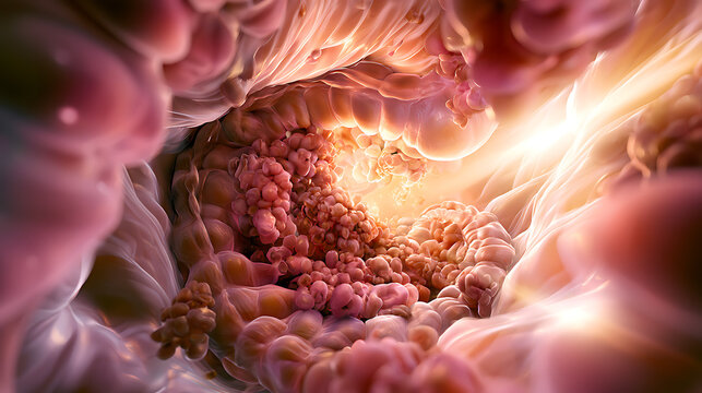 3D medical illustration of diverticulitis showing a cross-section of a human colon with inflamed diverticula.