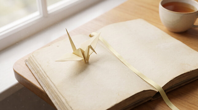 Golden Origami Crane on Open Vintage Book with Tea, Cozy Cottagecore Morning Aesthetic and Cinematic Light