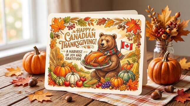 Happy canadian thanksgiving harvest poster with bear and pumpkins