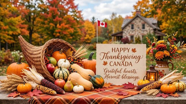 Thanksgiving harvest display with pumpkins and corn in autumn
