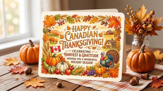 Happy canadian thanksgiving harvest celebration card with pumpkins and fall leaves