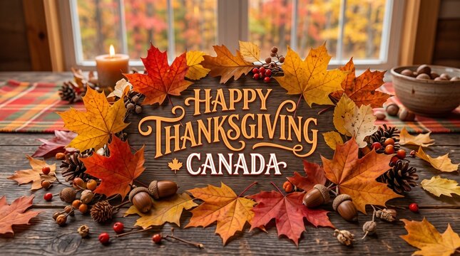 Happy thanksgiving canada greeting card with autumn leaves