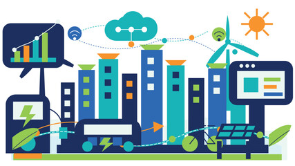Obraz premium Smart city urban planning infrastructure featuring renewable power generation and grid connectivity icons for sustainable building management solutions isolated on a white background.
