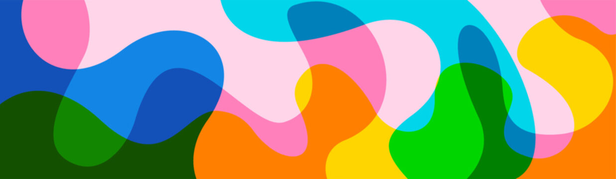 Playful multi color overlapping fluid wave horizontal banner template for children toy store discount promotion