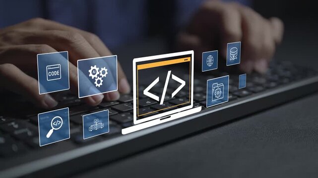 Web development concept. Person typing keyboard with coding and web technology icons, software development, website design and digital innovation.