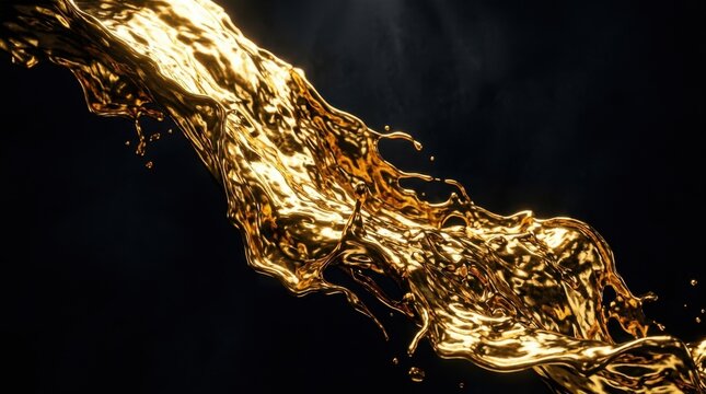 Dynamic stream of shimmering golden liquid splashing elegantly against a dark background