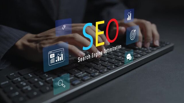 Search Engine SEO concept. Person typing keyboard with search engine optimization and analytics icons, keyword research, website ranking and organic traffic growth.
