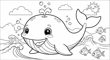 Obraz premium Happy whale swimming with fish coloring book page.