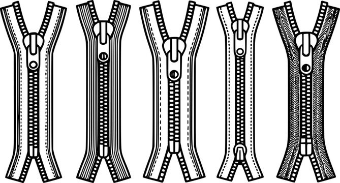 Vector line art illustration collection of various open and closed clothing metal zippers, showing detailed teeth, sliders, pull tabs, and fabric tape textures isolated on a white background.