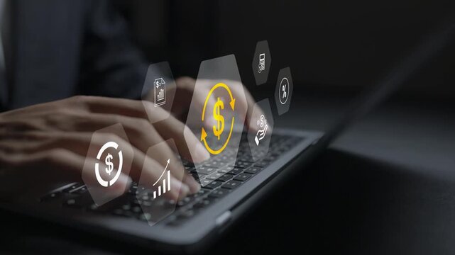 Finance and investment concept. Person using laptop with financial analytics and investment icons, wealth management, portfolio diversification and business growth.