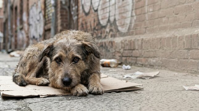 Stray dog lying on cardboard in a city alleyway