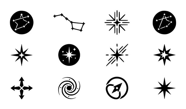 Modern abstract constellation star map symbol vector clipart set with minimalist clean outline tech brand astronomy navigation monogram and cosmic space logo graphics black and white