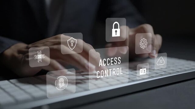Access control concept. Person typing keyboard with identity verification and cybersecurity icons, secure authentication, user permissions and data protection.