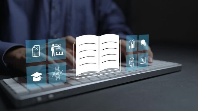 Digital learning concept. Person typing keyboard with online education and knowledge icons, interactive learning, skill development and virtual classroom technology.