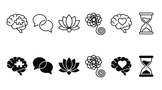 Set of black and white mental health icons featuring brains lotus flowers and time symbols