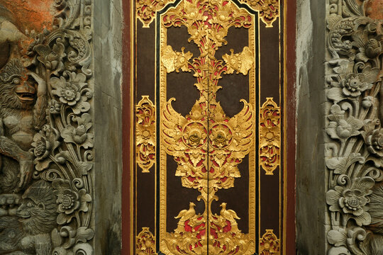 Ornate Golden Balinese Door Detail