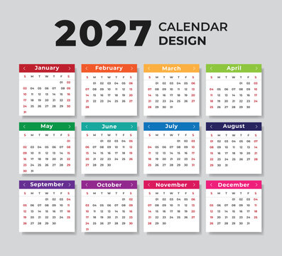Calendar 2027 year - vector illustration. Week starts on Sunday. Calendar Set for 2027 year. Colorful Yearly Wall Calendar Template Layout 2027 