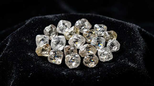 Collection of raw uncut diamonds displaying natural facets and sparkling light reflections