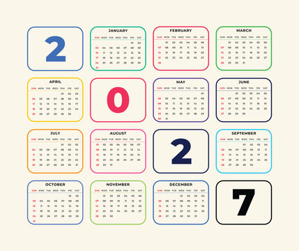 2027 yearly calendar templates featuring both Monday-start and Sunday-start layouts. Clean and organized design with all twelve months displayed on a single page 