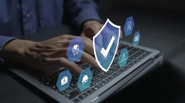 Work safety concept. Person using laptop with workplace safety and compliance icons, occupational health, risk prevention and employee protection.