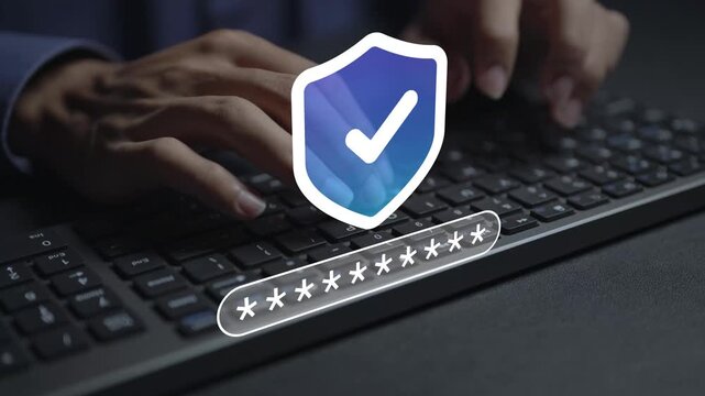 Cybersecurity and identity protection concept. Person typing keyboard entering password with cybersecurity and authentication icons, secure login, identity verification and data protection.