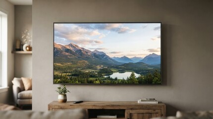 Fototapeta premium Modern television mounted on living room wall displaying landscape scene