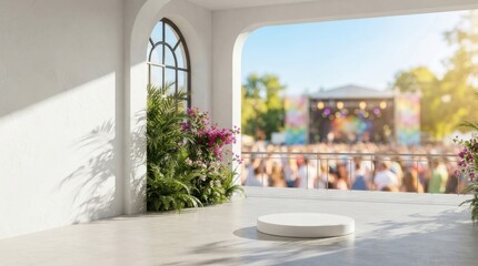 Fototapeta premium Empty product display podium on terrace overlooking music festival