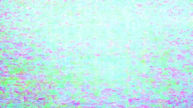 Static shot of digital screen gradually glitching into colorful pixelation across abstract studio display background, progressive signal corruption