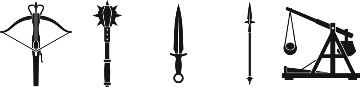 Medieval weapon icons set featuring crossbow mace dagger spear and wooden ballista siege.