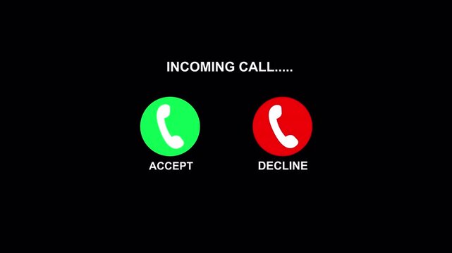 Incoming Call Screen Animation with Accept and Decline Option, Incoming call ring icon on 4K black background. 