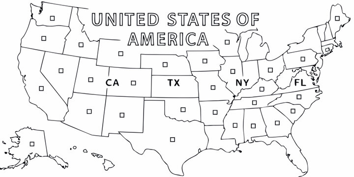 Black and white outline map of the united states with state labels