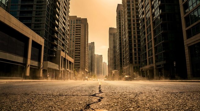 Modern cityscape viewed through shimmering heat wave on cracked urban landscape