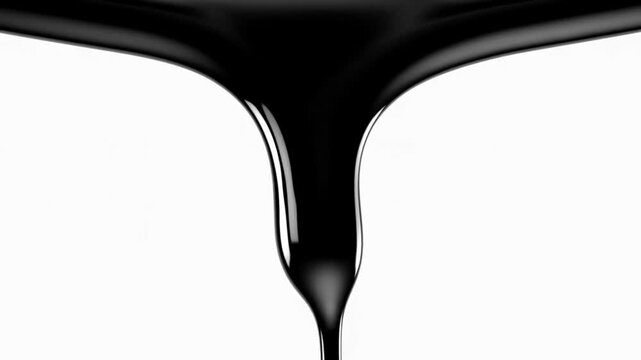 Slow motion black liquid dripping and stretching on white seamless background closeup macro of viscous oil forming elongated drops and beads