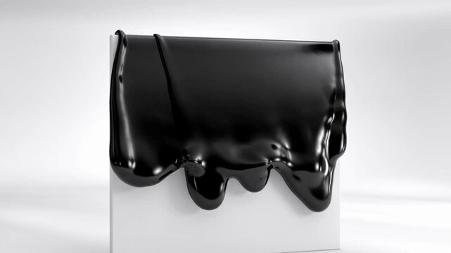 Slow motion glossy black liquid dripping and spreading over white cube on minimal studio backdrop with static frontal shot showing progressive coverage