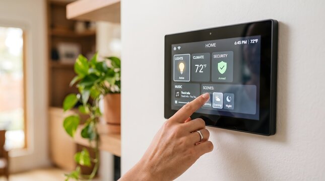 Close up of hand touching smart home automation control panel screen on wall