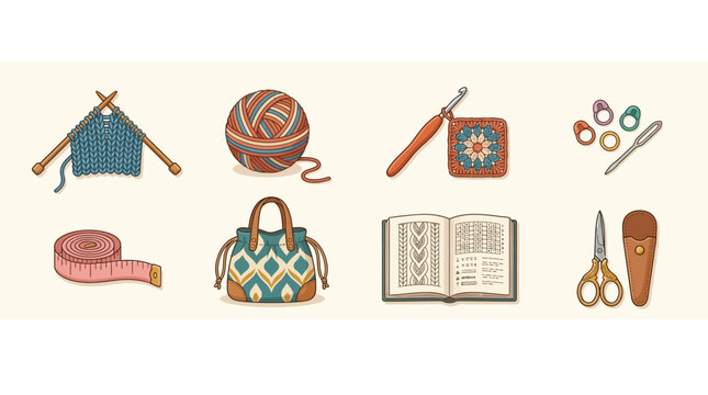 Creative crafting tools and materials for knitting crochet sewing embroidery and textile art, including yarn ball scissors measuring tape and patterned bag.